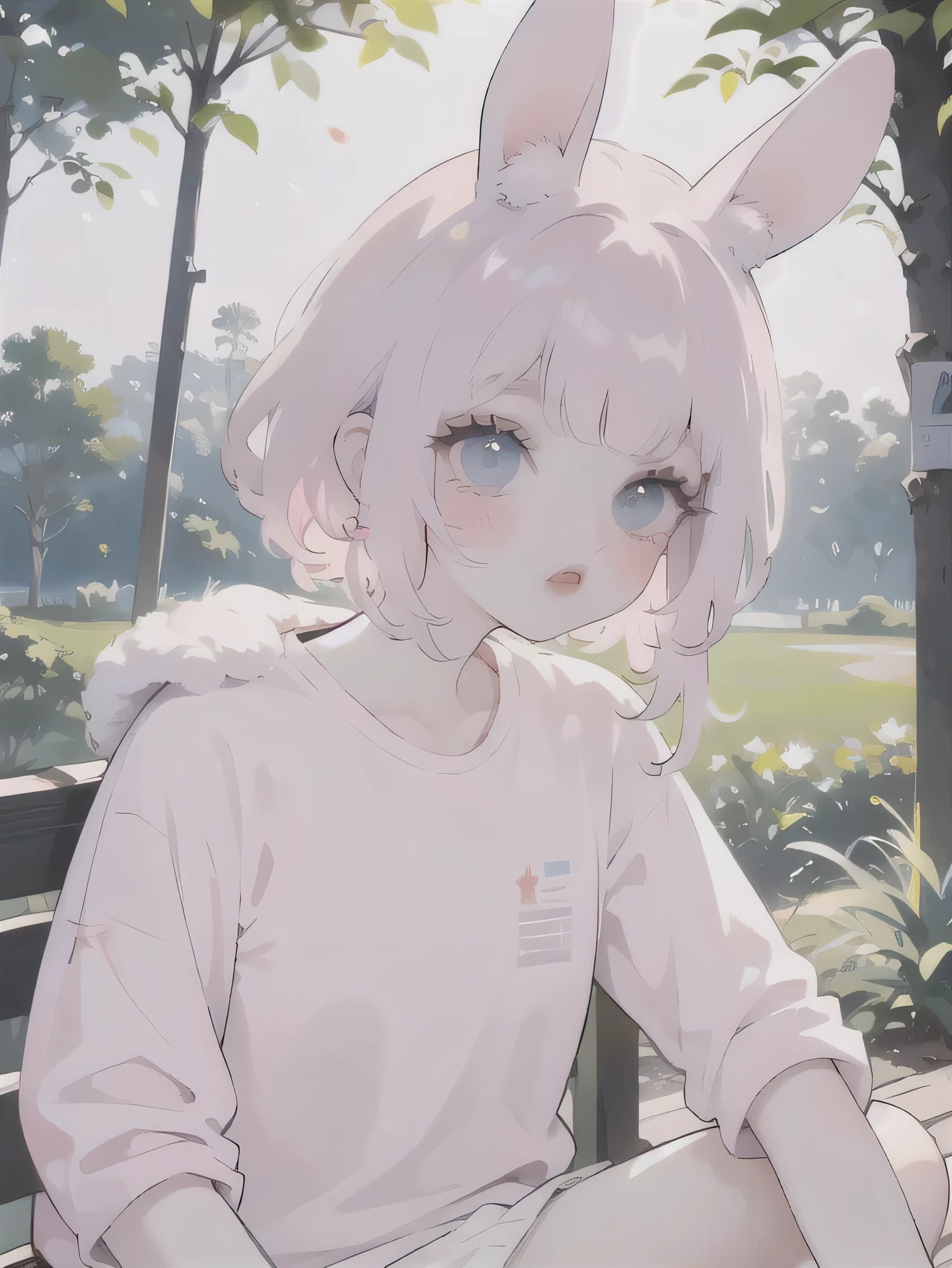 (high quality) (best quality) (a woman) (correct physiognomy) (Perfect students) (perfect eyes) woman with ears bunny in his head, deep pink long fluffy hair pink, two rabbit ears coming out of her head, blue eyes, sensitive lips, feminine appearance, soft facial features, thin eyebrows, soft skin, rosy cheeks, pink lips, silky eyelashes, dreamy expression, middle age, youthful clothes, printed sweatshirt, photo illuminated by sunlight, Woman sitting in the forest.