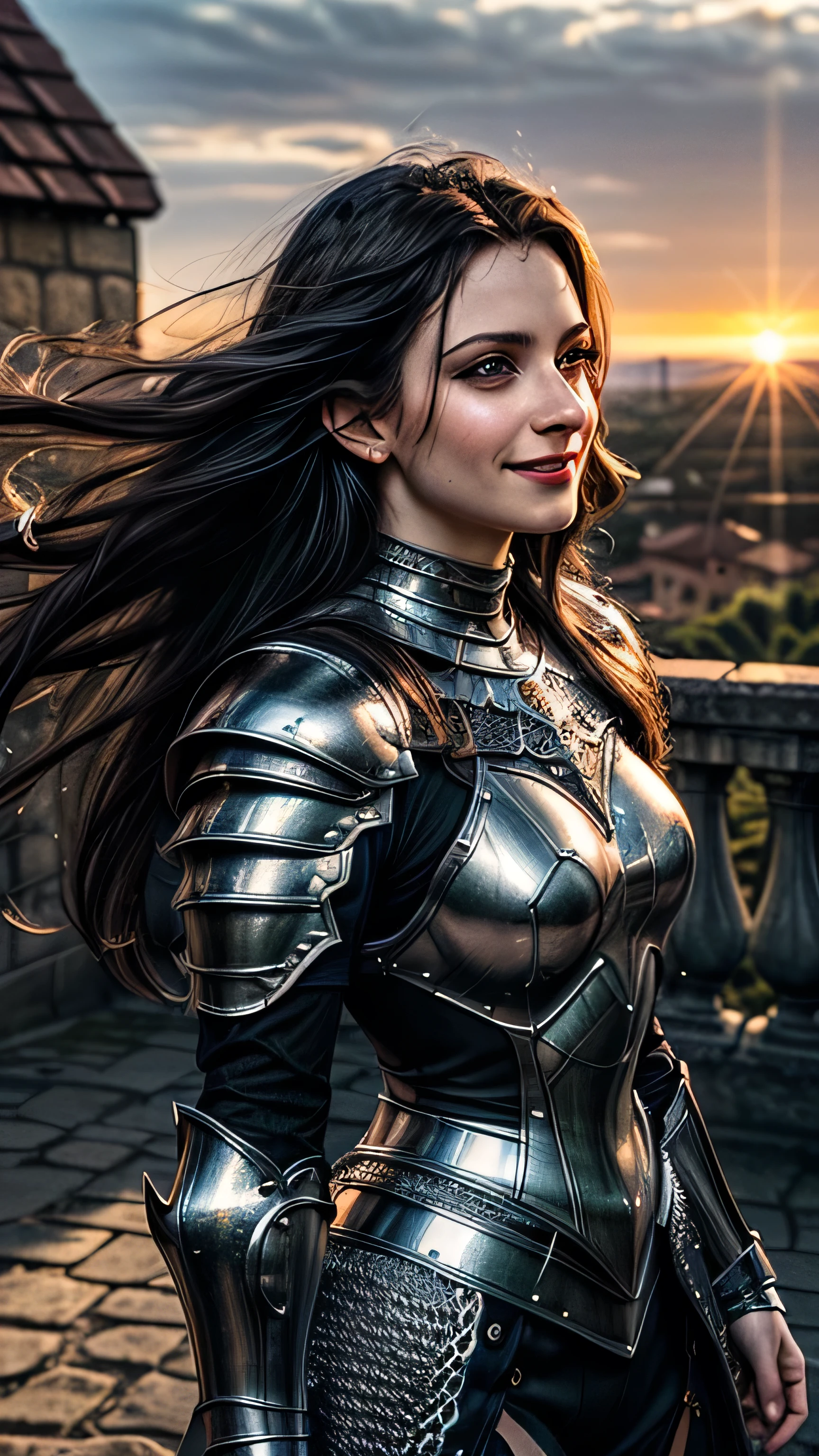 (masterpiece, photorealistic:1.4, extremely intricate:1.3), (photon mapping, radiosity, physically based rendering, ultra resolution, hyper-realistic, photorealistic:1.4, hyper-realistic, 8K), portrait of a muscular girl, ((Sumptuous armor from the late Renaissance, black chrome perfectchainmail armor:1.4, (long eyelashes), clear green eyes, smiling)), metal reflections, upper body, outdoors, intense sunlight, far away castle, professional photograph of a stunning woman, (long straight black hair, blowing, dynamic pose), sharp focus, dramatic, award winning, cinematic lighting, (film grain, bokeh, interaction, sunrise)