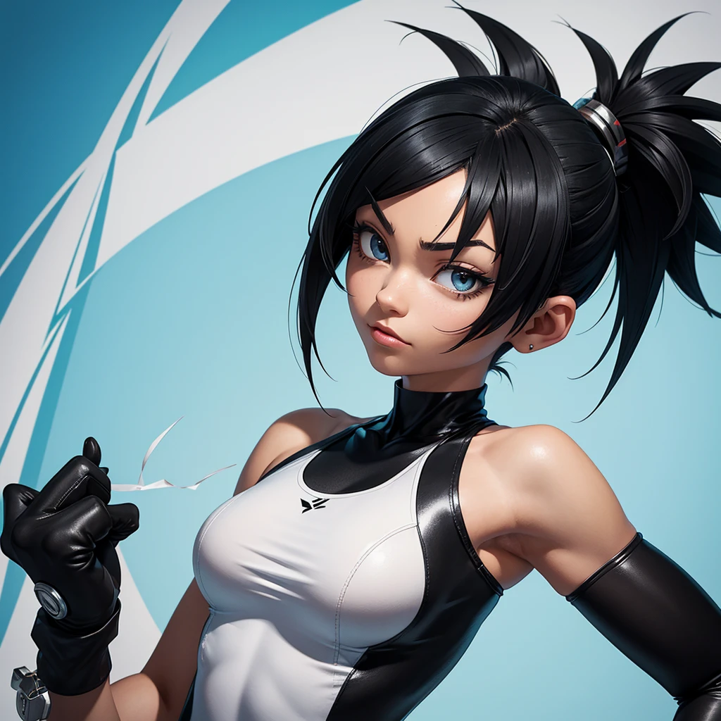 woman similar to gorillaz noodle, black short hair ((drawing)), ((anime girl nose)) , Create a perfect, detailed illustration of a lightly muscular woman with an athletic build. She has short black hair styled in a mohawk and wears a tight blue leotard with white three-stripe details, highlighting her physique. She also has spikeless gloves on both hands. The character is confident, with his head slightly tilted and a serious expression. The background should be minimalist with light, abstract graffiti-like patterns. Use clean lines and soft shading to emphasize the character's three-dimensional appearance and detailed anatomy.