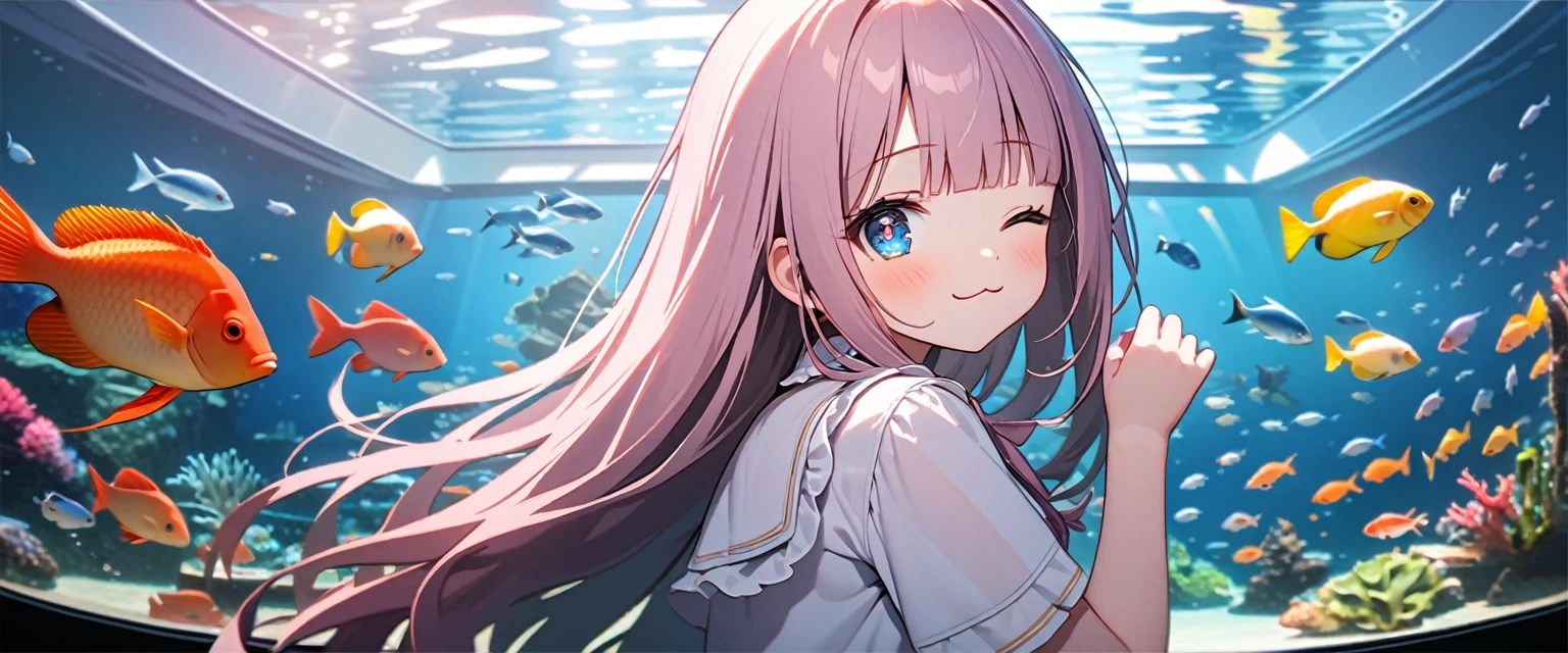 (8K, best quality, master piece: 1.2), super high resolution,1 girl,solo,16yo,ultra-detailed face,detailed eyes,sparkling eyes,one eye closed,blunt bangs,Mauve pink hair,Straight hair,Long hair,white short sleeve petal collar blouse,blue eyes,looking back,;3,wink,rim light,So many ornamental fish,aquarium