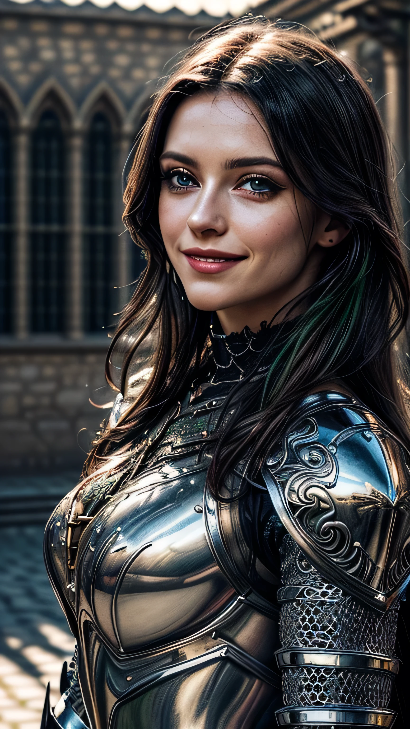 (masterpiece, photorealistic:1.4, extremely intricate:1.3), (photon mapping, radiosity, physically based rendering, ultra resolution, hyper-realistic, photorealistic:1.4, hyper-realistic, 8K), portrait of a muscular girl, ((Sumptuous armor from the late Renaissance, black chrome perfectchainmail armor:1.4, (long eyelashes), clear green eyes, smiling)), metal reflections, upper body, outdoors, intense sunlight, far away castle, professional photograph of a stunning woman, (long straight black hair, blowing, dynamic pose), sharp focus, dramatic, award winning, cinematic lighting, (film grain, bokeh, interaction, sunrise)