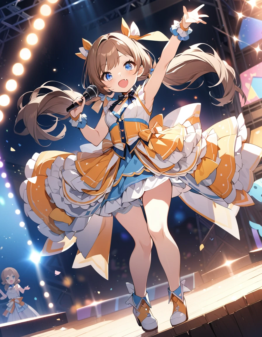 BREAK Perfect Anatomy、(High resolution:1.2)、Incredible illustrations、(Cute illustrations:1.2)、()(cinematic angle)
(Beautiful background(premium stage),full body figure)
1girl(brown hair,Low long twin tails (blue eyes,faint lips,fang,;D)idol costume)
sing and dance:1.4