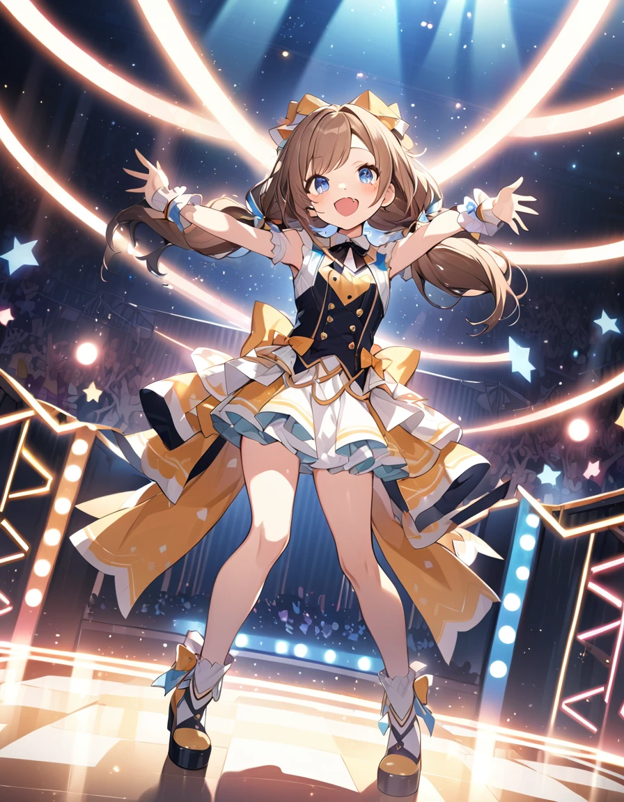 BREAK Perfect Anatomy、(High resolution:1.2)、Incredible illustrations、(Cute illustrations:1.2)、()(cinematic angle)
(Beautiful background(premium stage),full body figure)
1girl(brown hair,Low long twin tails (blue eyes,faint lips,fang,;D)idol costume)
sing and dance:1.4