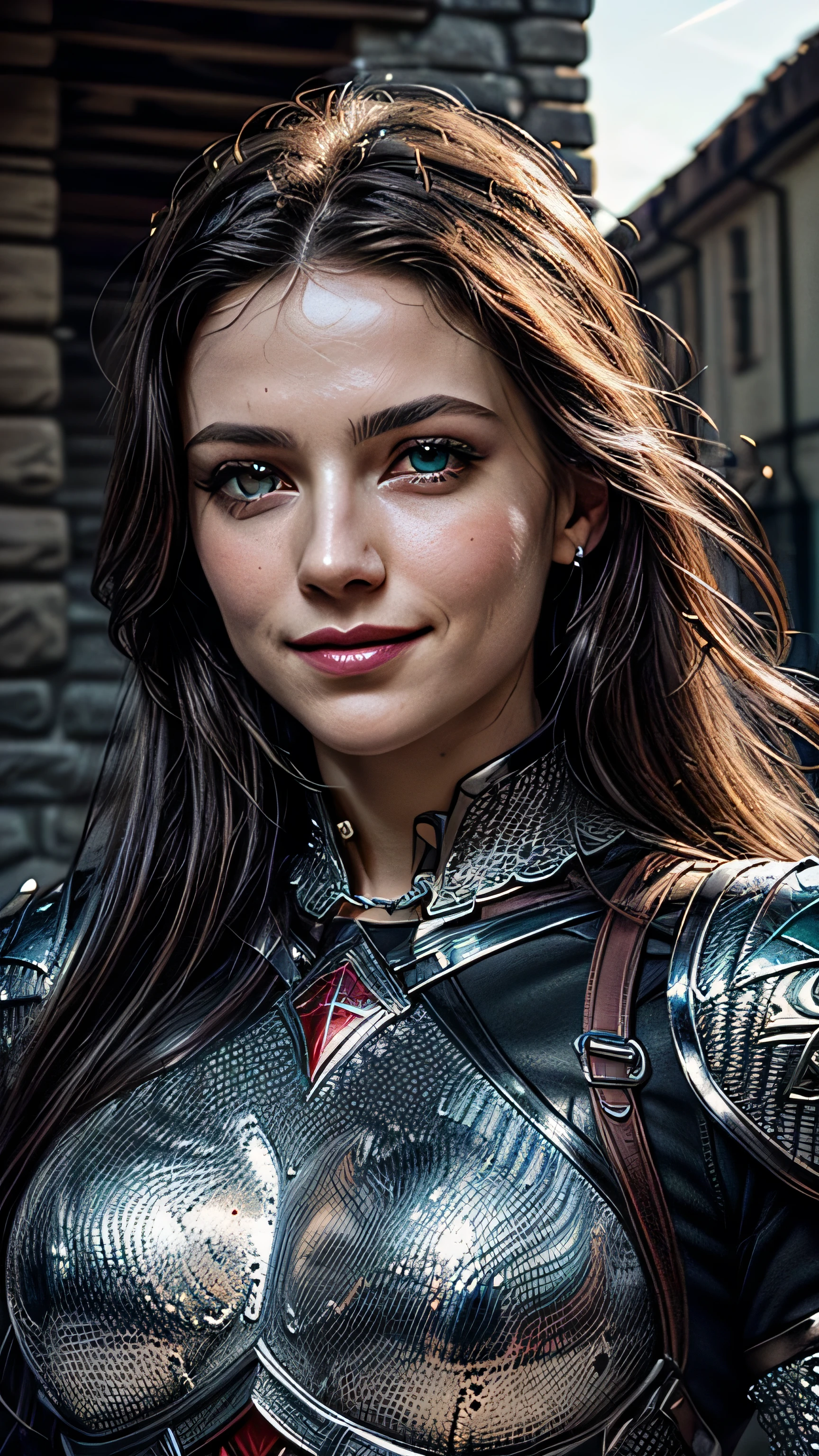 (masterpiece, photorealistic:1.4, extremely intricate:1.3), (photon mapping, radiosity, physically based rendering, ultra resolution, hyper-realistic, photorealistic:1.4, hyper-realistic, 8K), portrait of a muscular girl, ((Sumptuous armor from the late Renaissance, black chrome perfectchainmail armor:1.4, (long eyelashes), clear green eyes, smiling)), metal reflections, upper body, outdoors, intense sunlight, far away castle, professional photograph of a stunning woman, (long straight black hair, blowing, dynamic pose), sharp focus, dramatic, award winning, cinematic lighting, (film grain, bokeh, interaction, sunrise)