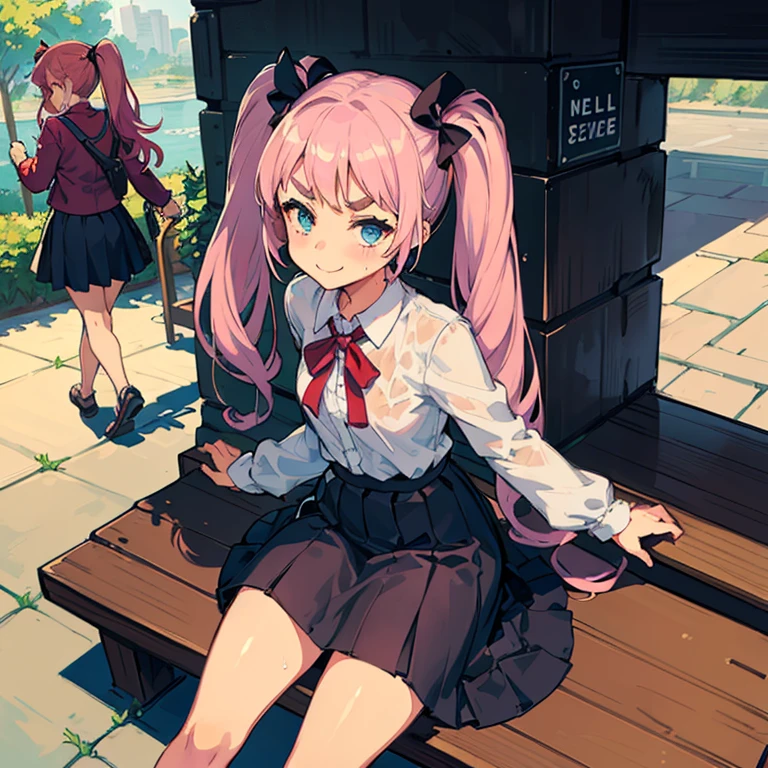 4 Girls with pink hair, long twintail hairstyle, ((small bushy eyebrows)), wearing gothic lolita clothing, lolicon , walking to school, flirty smile,, walking to school, bored look, bored face,, (sitting with legs open lifting her skirt to show her vagina wet with semen),