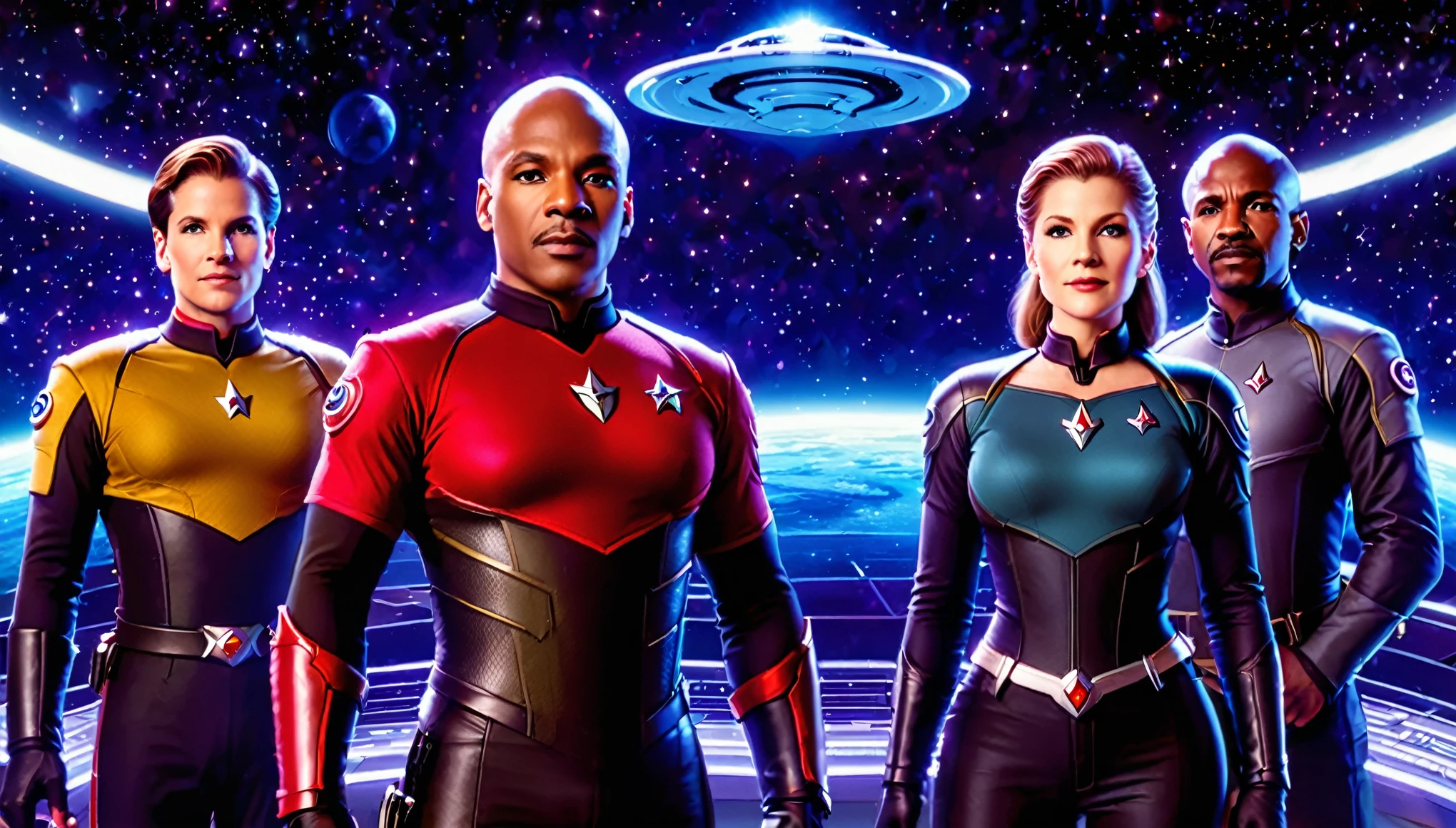 A realistic rendering of five iconic Starfleet captains (Sisko, Archer, Picard, Kirk, (Janeway with large breasts)) standing together, wearing their distinctive uniforms. The background is a starry space scene. Hyper-realistic, vibrant colors, 16k