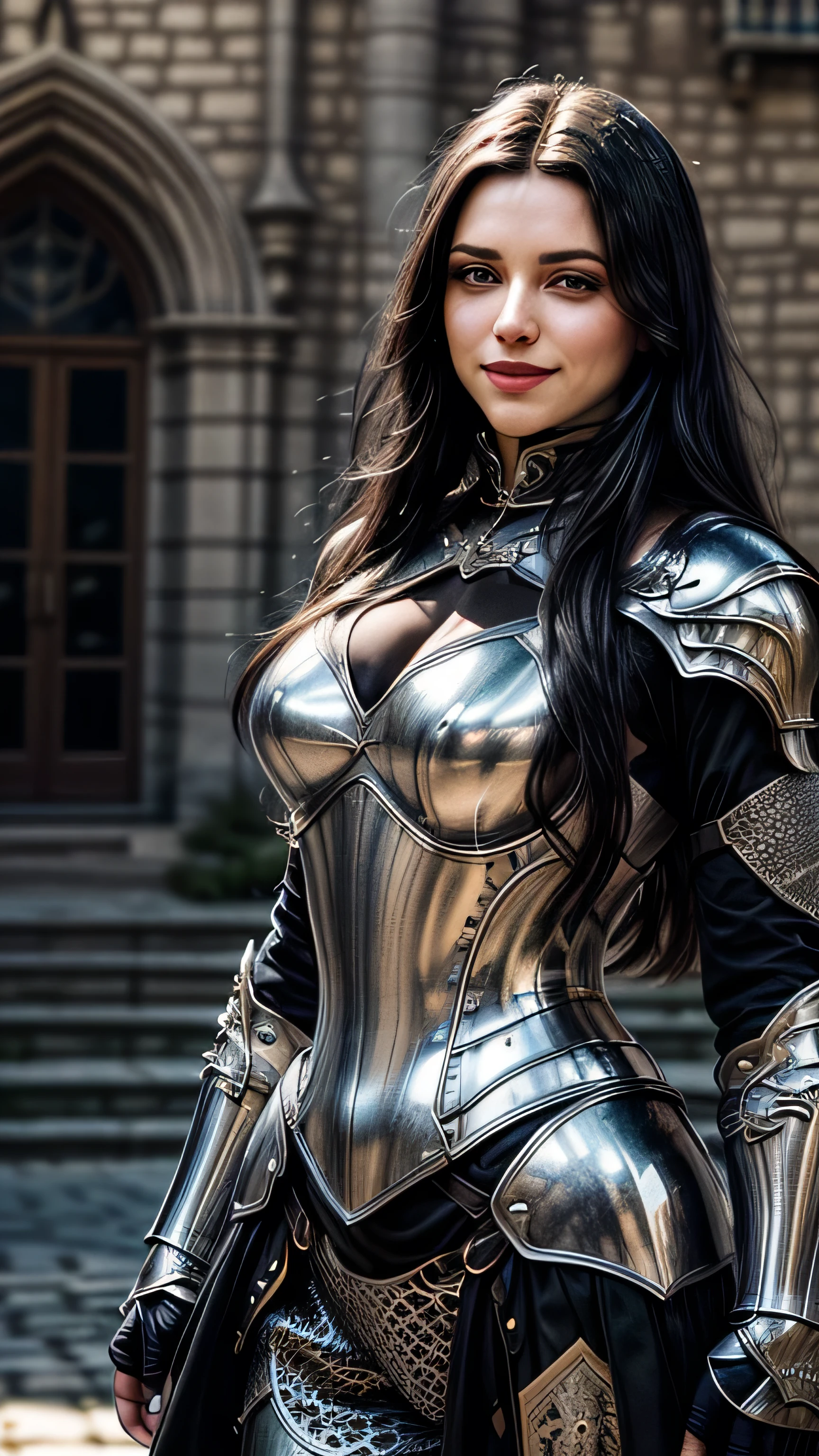 (masterpiece, photorealistic:1.4, extremely intricate:1.3), (photon mapping, radiosity, physically based rendering, ultra resolution, hyper-realistic, photorealistic:1.4, hyper-realistic, 8K), portrait of a muscular girl, ((Sumptuous armor from the late Renaissance, black chrome perfectchainmail armor:1.4, (long eyelashes), clear green eyes, smiling)), metal reflections, upper body, outdoors, intense sunlight, far away castle, professional photograph of a stunning woman, (long straight black hair, blowing, dynamic pose), sharp focus, dramatic, award winning, cinematic lighting, (film grain, bokeh, interaction, sunrise)