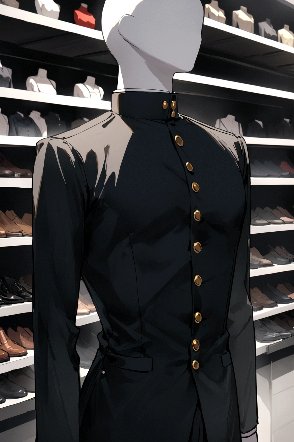 A mannequin wearing a gakuran black on a clothing store shelf