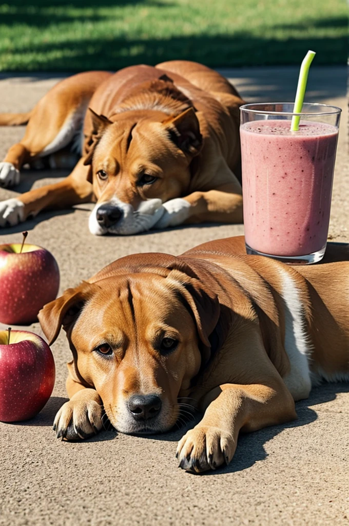 A dog sunbathing with an apple smoothie