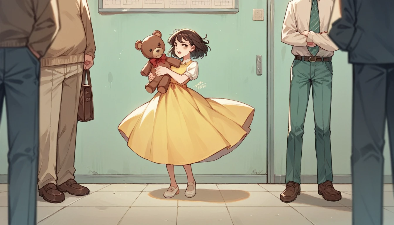 Illustrate Emily as a lonely, isolated girl in the schoolyard, surrounded by mocking classmates, Ten-year-old girl wearing a white and yellow dress and dress shoes, holding a brown teddy bear
