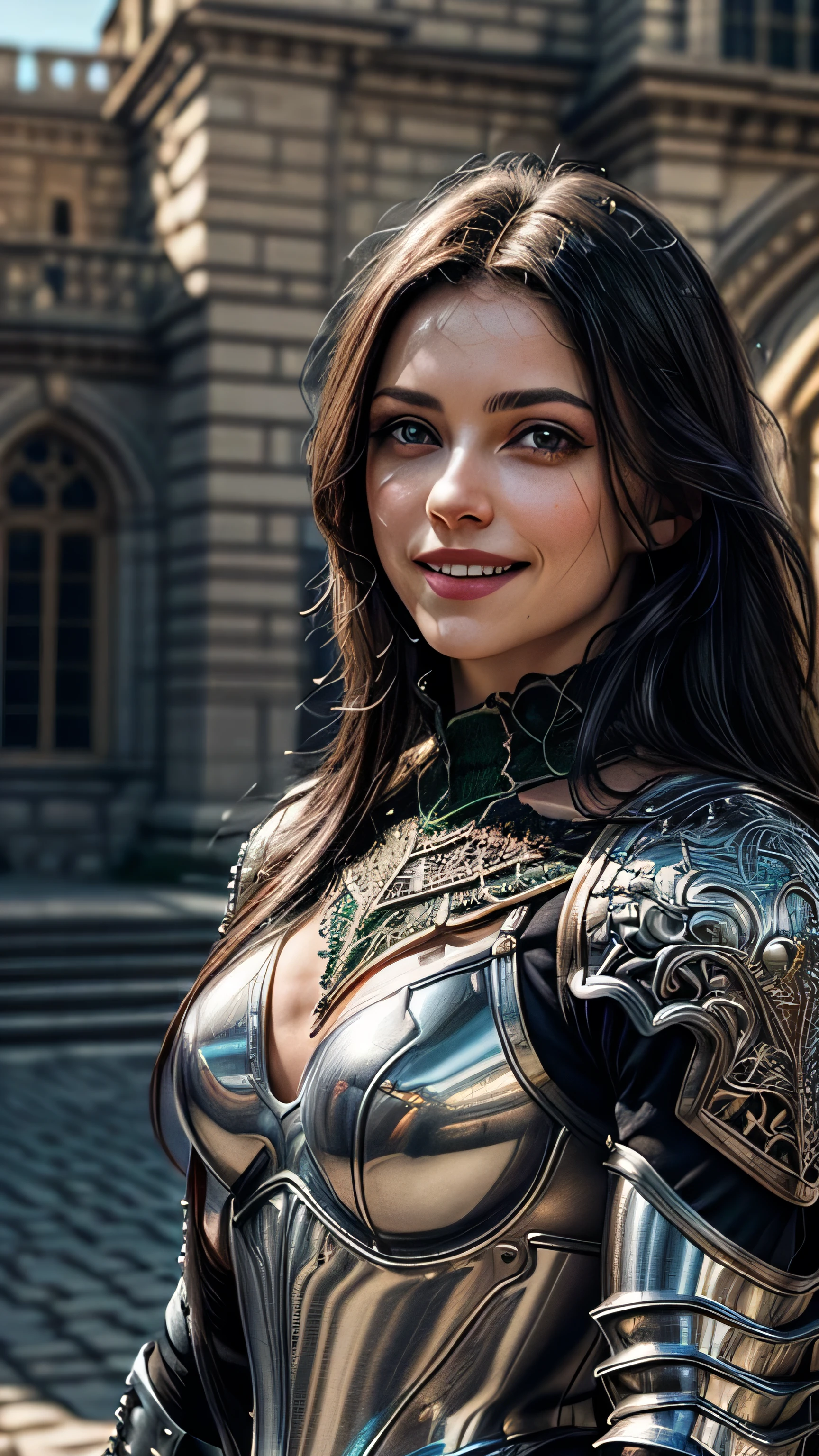 (masterpiece, photorealistic:1.4, extremely intricate:1.3), (photon mapping, radiosity, physically based rendering, ultra resolution, hyper-realistic, photorealistic:1.4, hyper-realistic, 8K), portrait of a muscular girl, ((Sumptuous armor from the late Renaissance, black chrome perfectchainmail armor:1.4, (long eyelashes), clear green eyes, smiling)), metal reflections, upper body, outdoors, intense sunlight, far away castle, professional photograph of a stunning woman, (long straight black hair, blowing, dynamic pose), sharp focus, dramatic, award winning, cinematic lighting, (film grain, bokeh, interaction, sunrise)