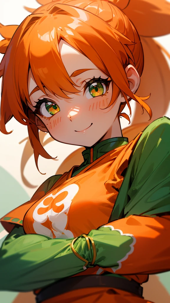 1 Girl、8K、Sharp focus、(Bokeh) (Highest quality) (Detailed skin:1.3) (Intricate details) (anime)、Orange clothes、Orange Hair、ponytail、Beautiful green eyes、Wicked Smile、Loincloth、Shrimp mascot、Upper body close-up