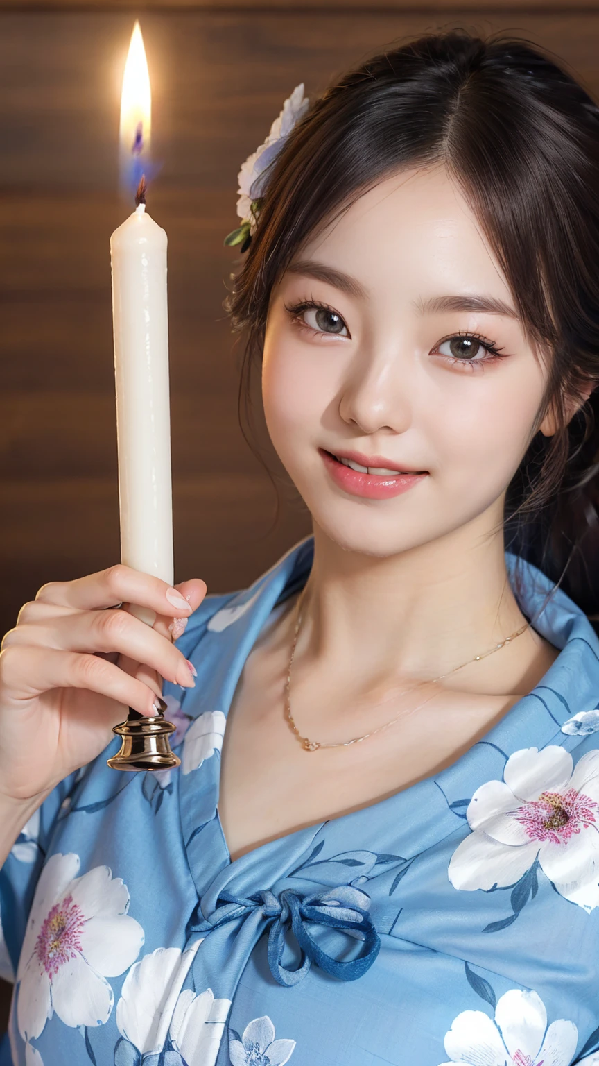 (One girl), Very cute face, Great face and eyes, (Highly detailed eyes, Highly detailed face), Fresh, Very beautiful appearance, (超Realisticな, High resolution), (Highest quality:1.4), RAW Photos, (Realistic, Photorealistic:1.37), Professional photography, (Floral Yukata:1.25), (Surprisingly large:1.1), (Open yukata), (Bare shoulders), Smile a little, (Look at me), Bedroom, Flower Screen, relax, (Bedroomは真っ暗だ:1.6), (The brightness of one candle:1.5), Focus on the girl,