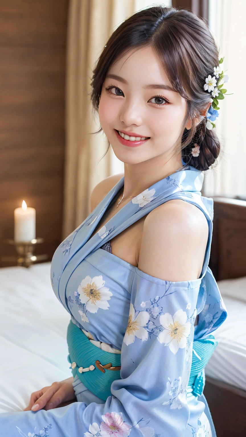 (One girl), Very cute face, Great face and eyes, (Highly detailed eyes, Highly detailed face), Fresh, Very beautiful appearance, (超Realisticな, High resolution), (Highest quality:1.4), RAW Photos, (Realistic, Photorealistic:1.37), Professional photography, (Floral Yukata:1.25), (Surprisingly large:1.1), (Open yukata), (Bare shoulders), Smile a little, (Look at me), Bedroom, Flower Screen, relax, (Bedroomは真っ暗だ:1.6), (The brightness of one candle:1.5), Focus on the girl,
