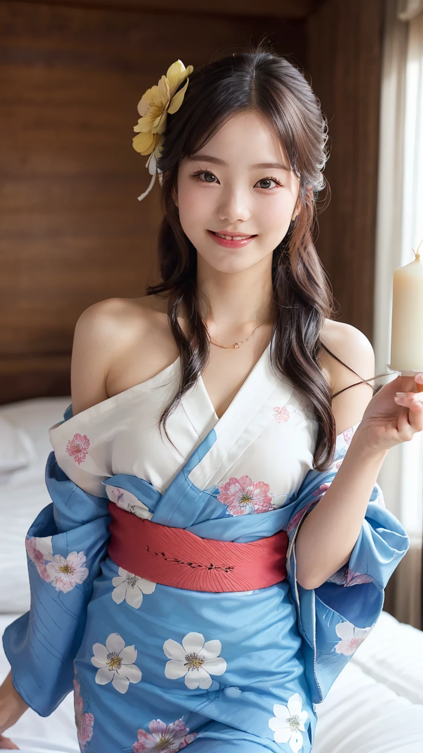 (One girl), Very cute face, Great face and eyes, (Highly detailed eyes, Highly detailed face), Fresh, Very beautiful appearance, (超Realisticな, High resolution), (Highest quality:1.4), RAW Photos, (Realistic, Photorealistic:1.37), Professional photography, (Floral Yukata:1.25), (Surprisingly large:1.1), (Open yukata), (Bare shoulders), Smile a little, (Look at me), Bedroom, Flower Screen, relax, (Bedroomは真っ暗だ:1.6), (The brightness of one candle:1.5), Focus on the girl,