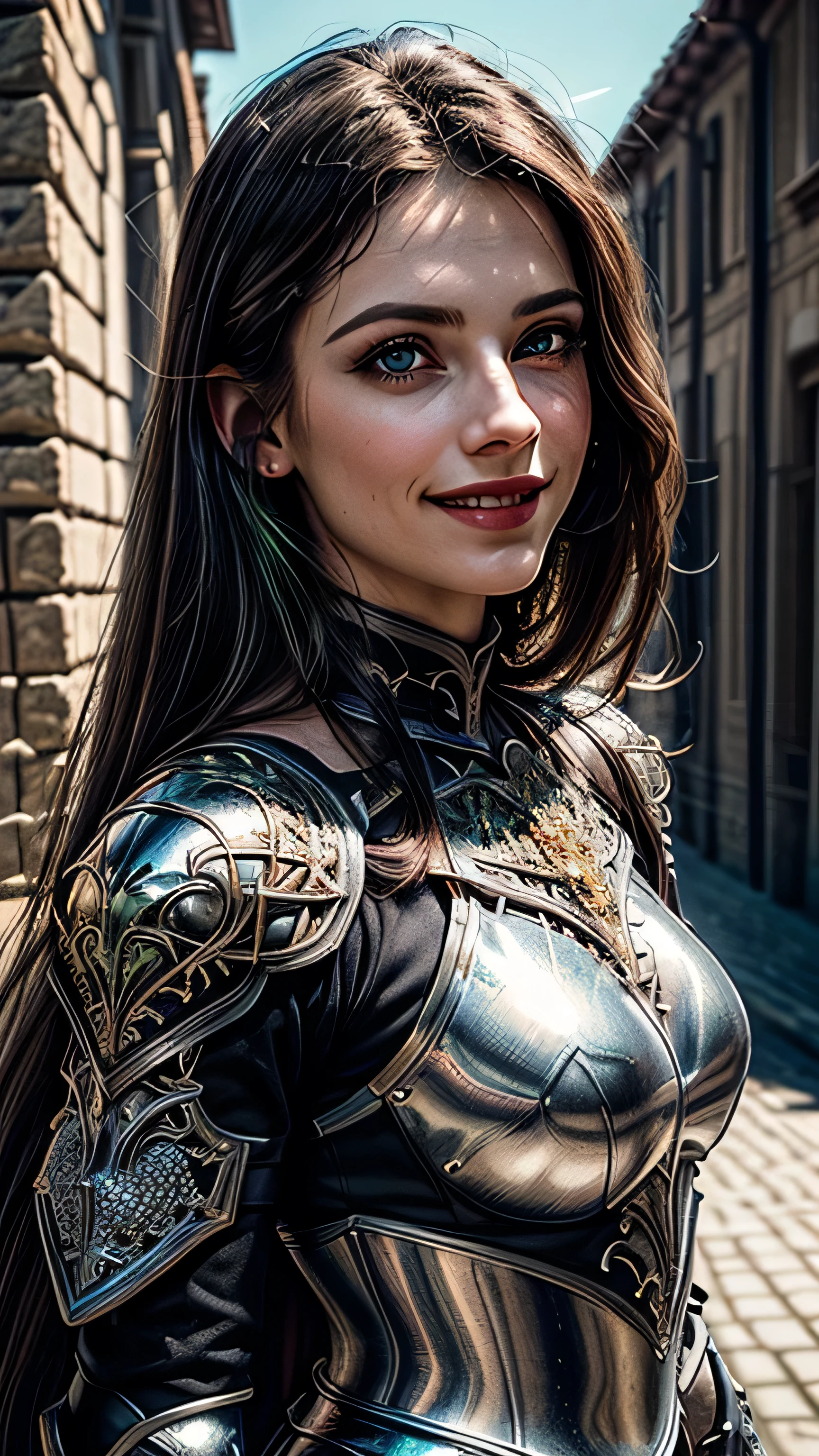 (masterpiece, photorealistic:1.4, extremely intricate:1.3), (photon mapping, radiosity, physically based rendering, ultra resolution, hyper-realistic, photorealistic:1.4, hyper-realistic, 8K), portrait of a muscular girl, ((Sumptuous armor from the late Renaissance, black chrome perfectchainmail armor:1.4, (long eyelashes), clear green eyes, smiling)), metal reflections, upper body, outdoors, intense sunlight, far away castle, professional photograph of a stunning woman, (long straight black hair, blowing, dynamic pose), sharp focus, dramatic, award winning, cinematic lighting, (film grain, bokeh, interaction, sunrise)