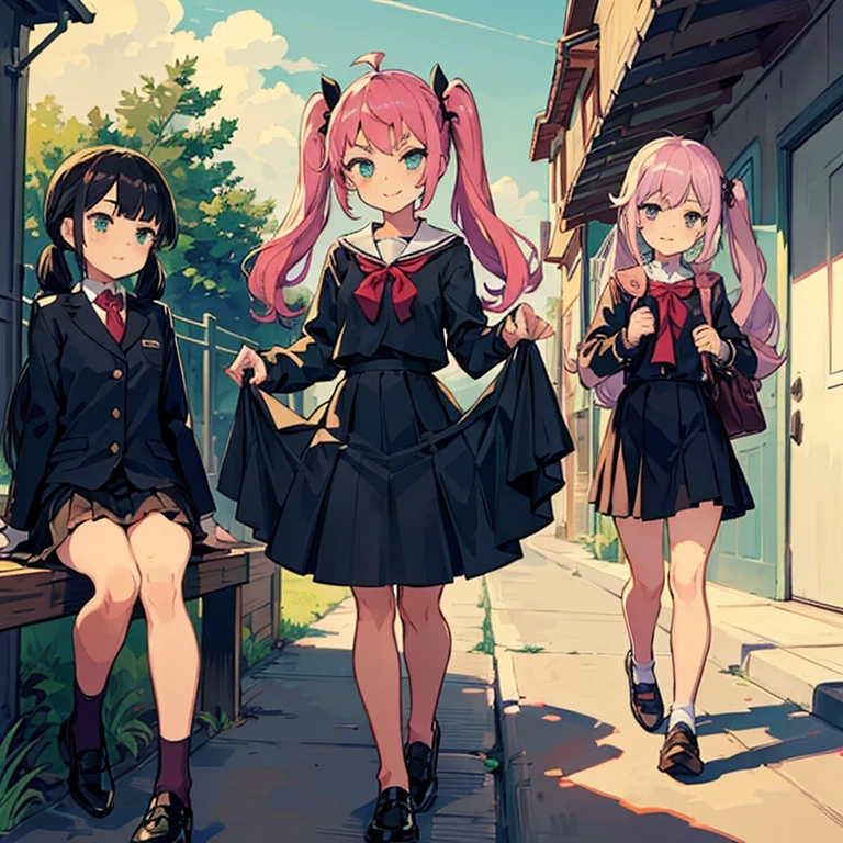 4 Girls with pink hair, long twintail hairstyle, ((small bushy eyebrows)), wearing gothic lolita clothing, lolicon , walking to school, flirty smile,, walking to school, bored look, bored face,, (sitting with legs open lifting her skirt to show her vagina wet with semen),
