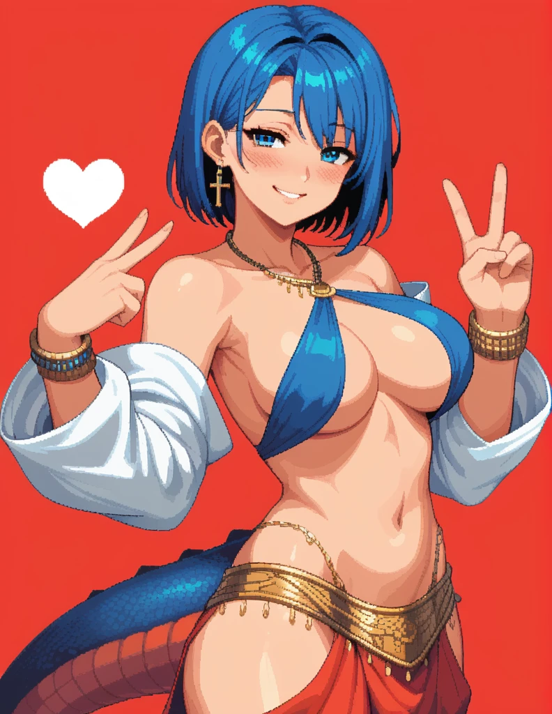 score_9, score_8_up, score_7_up, rating_safe, 1girl, solo, Pixel_Art,
Rent-a-girlfriend, Ruka, blue eyes, blue hair, short hair, side bangs, big breasts, revealing clothing, harem outfit, collarbone, backless, topless, cross halter, necklace, loose sleeves, bracelet, bare shoulders, navel , hip vent, harem pants, cowboy shot, v, raise hand, look at viewer, simple background, red background, heart background, blush, naughty face, smile, half-closed eyes, nude, ecchi, dragon tails, turn your back, big butt, hentai, porn, very hot