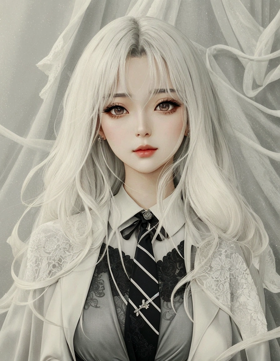 beautiful girl, black hair, gray eyes, cool, office, discreet, elegant, attractive, magical, manhwa, beautiful dress