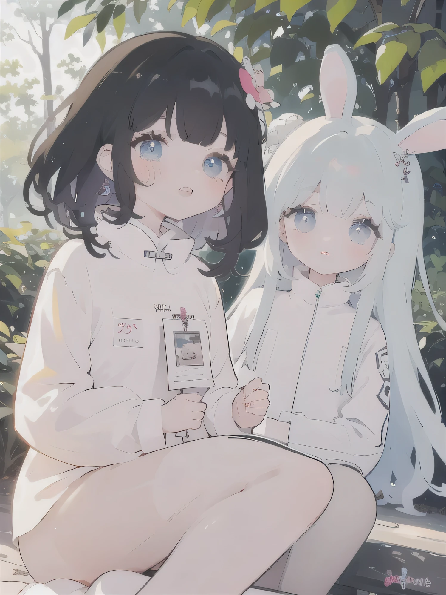 (high quality) (best quality) (a woman) (correct physiognomy) (Perfect students) (perfect eyes) woman with ears bunny in his head, deep pink long fluffy hair pink, two rabbit ears coming out of her head, blue eyes, sensitive lips, feminine appearance, soft facial features, thin eyebrows, soft skin, rosy cheeks, pink lips, silky eyelashes, dreamy expression, middle age, youthful clothes, printed sweatshirt, photo illuminated by sunlight, Woman sitting in the forest.
