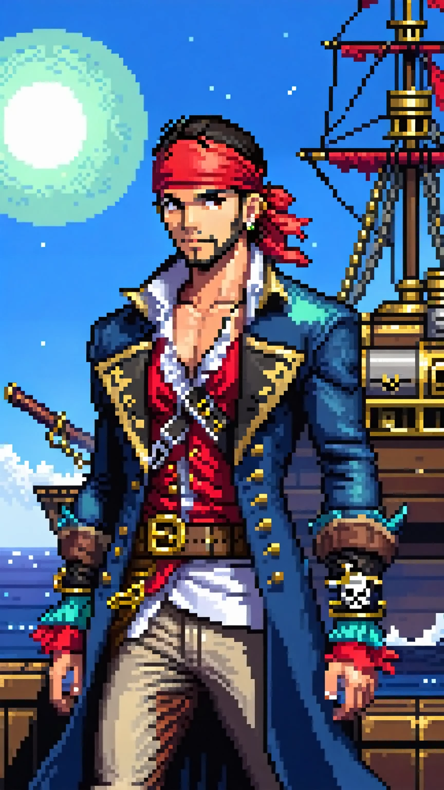 (Pixel art: 1.2), 1 man, 30 years old, with a muscular build, light brown eyes, medium-length silky black hair, wearing a red bandana on his head, a gold earring in his right ear, a gold tooth, a necklace with a green stone and silver necklaces, a blue overcoat with gold ornaments, a leather belt, a white vest and a semi-open dress shirt, the blue overcoat sleeves cover up to the forearms, white gloves on his hands, leather boots, reinforced blue pants, side view, visible lips and nose, Black background, pirate style, nothing out of the frame.