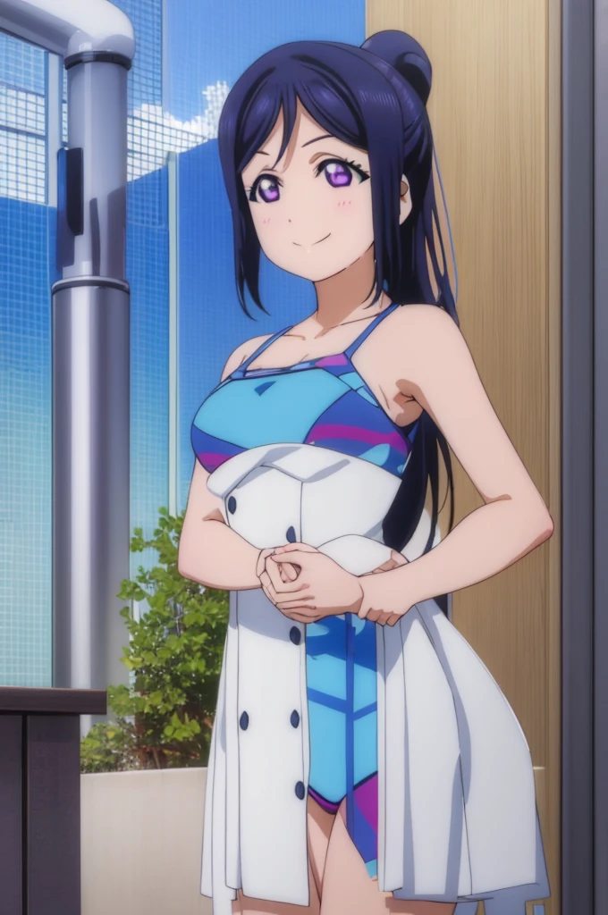 (((pixel-perfect, detail-perfect))), solo, 1girl, kanan matsuura, smile, eyes violet, hair blue, sauna pool, bikini, armpit, medium filesize, ultra High Qality