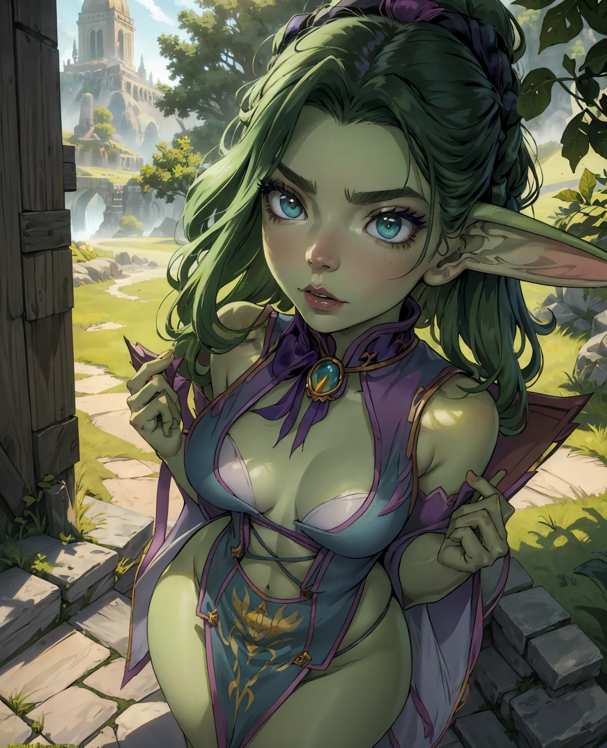 (Anya Taylor Joy as a goblin girl, 1girl, beautiful detailed eyes, beautiful detailed lips, extremely detailed face and features, long eyelashes, goblin, green skin, pointed ears, fantasy, intricate costume, detailed ornaments, magical, enchanted forest, lush foliage, sunlight filtering through leaves, warm color palette, cinematic lighting, dramatic shadows, high quality, 8k, photorealistic, masterpiece)