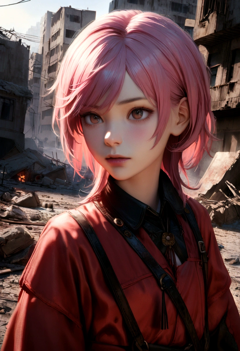 a beautiful japanese androgynous teenage girl with short pink hair and light brown eyes, wearing a red boyish outfit, in a post-apocalyptic setting with destroyed burning buildings in the background, 8k, high quality, detailed, photorealistic, cinematic lighting, dramatic atmosphere, vivid colors, intricate details