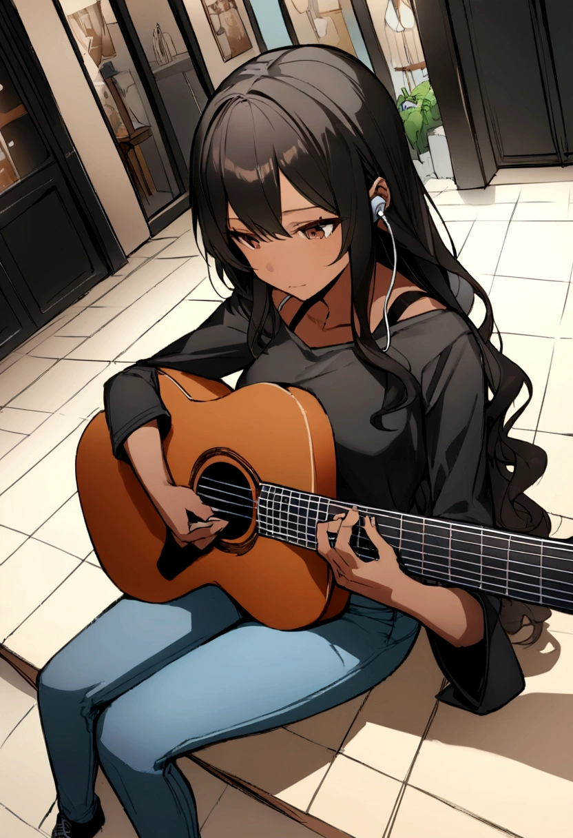 (work of art, maximum quality) 1 girl, musical instrument shop, alone , black blouse , brown dark eyes , holding a giaannini guitar ,earbuds, sit down, containment, guitar pick, instrument, long hair, music , jeans, hinterland , com objetos de アニメs, dynamic angle , Bblack hair , アニメ ,  brown skin, wavy hair 