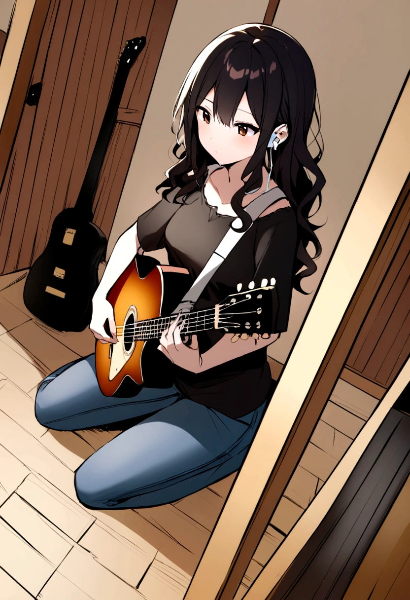 (work of art, maximum quality) 1 girl, musical instrument shop, alone , black blouse , brown dark eyes , holding a giaannini guitar ,earbuds, sit down, containment, guitar pick, instrument, long hair, music , jeans, hinterland , com objetos de アニメs, dynamic angle , Bblack hair , アニメ ,  brown skin, wavy hair 