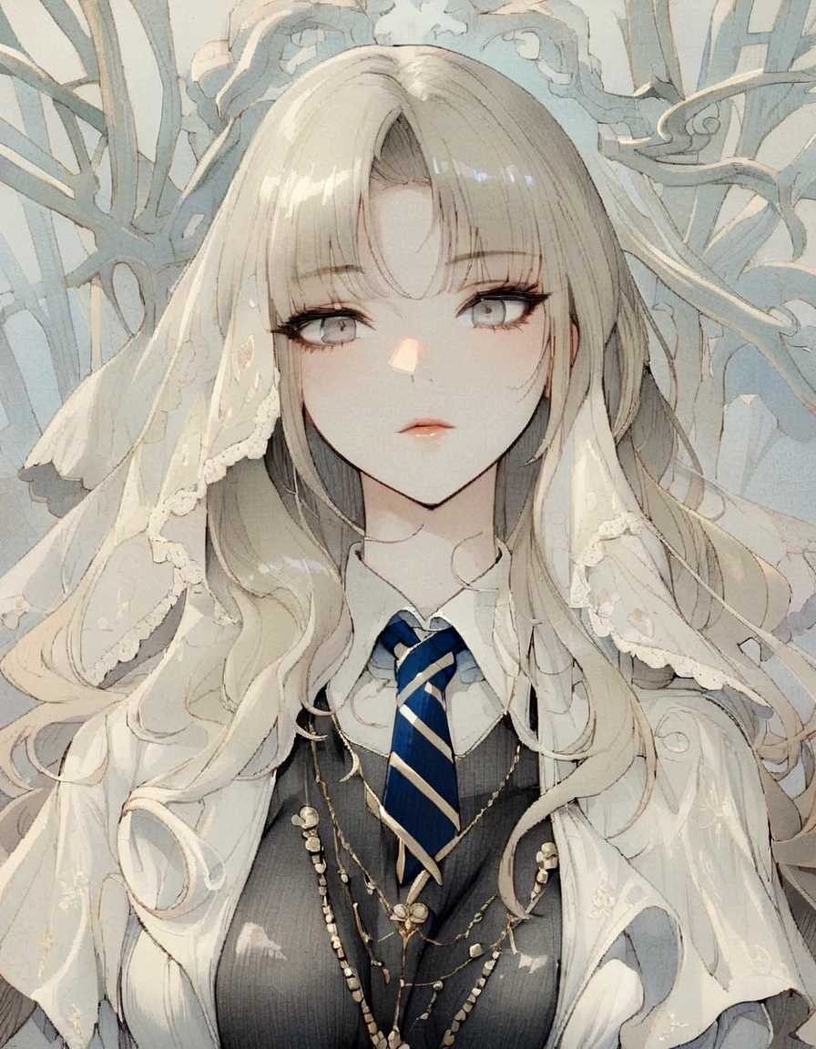 beautiful girl, black hair, gray eyes, cool, office, discreet, elegant, attractive, magical, manhwa, beautiful dress