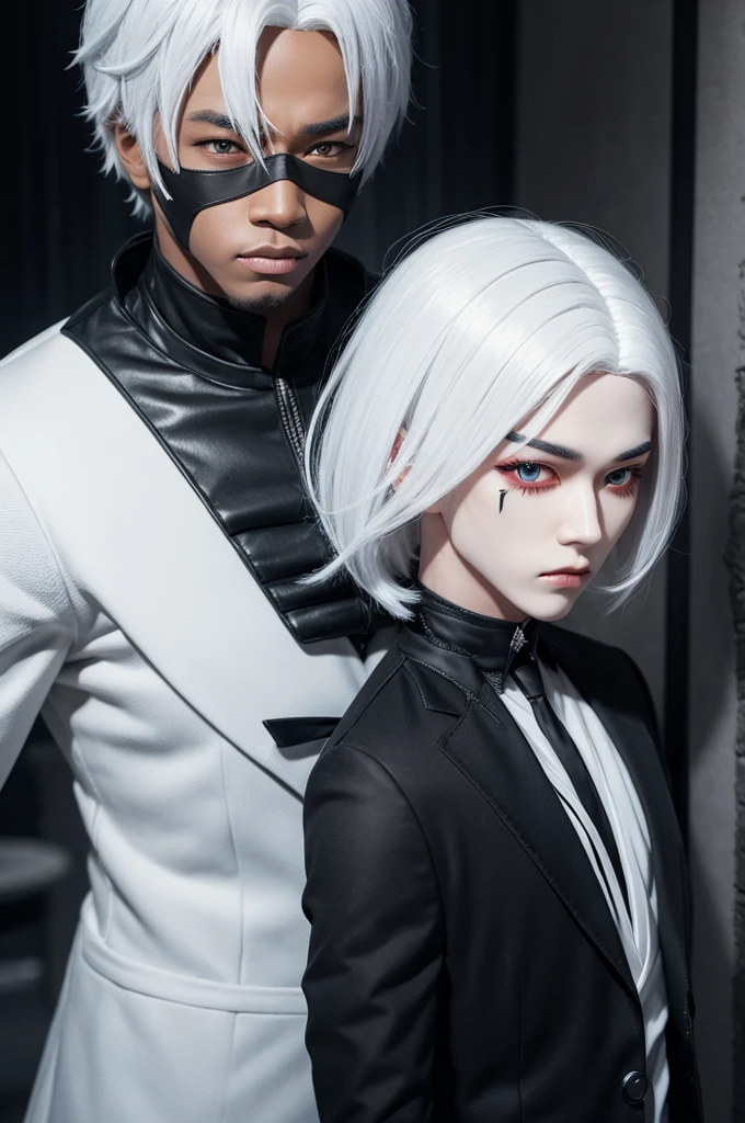 3d doll with white hair with black male mask and thunder in eyes