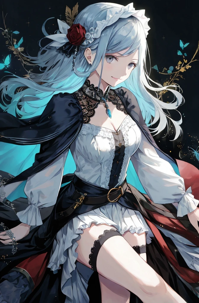  ((best quality)), ((masterpiece)), (detailed), 1girl, Character design, female, dynamic poses, long blue hair, grey white eyes, very skinny, detailed, best quality, no accesoires around the neck, prominent collarbones, skinny arms, upper body, blank white background, plain background, white background, ((red and white clothing)), Bloodborne inspired, occult aesthetic, occult, detailed and intricate steampunk and detailed gothic, Very dramatic and cinematic lighting, cosmic horror, grim-dark, side-lighting, perfect face,  Fluttering lace flared long knee length dress with frilly petticoats, knee length dress, pleated petticoats, petticoats gothic, complex lace boots, side-lighting, gothic aesthetic, wielding a mighty sword with mechanical components, mandalas, small breasts, a fairy, various different types of insect wings,upper body, upper body, white holy clothes,white holy clothes,((evil smile)),blue hair,