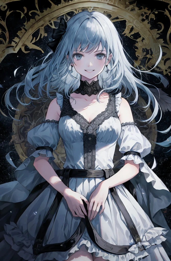 ((best quality)), ((masterpiece)), (detailed), 1girl, Character design, female, dynamic poses, long blue hair, grey white eyes, very skinny, detailed, best quality, no accesoires around the neck, prominent collarbones, skinny arms, upper body, blank white background, plain background, white background, ((red and white clothing)), Bloodborne inspired, occult aesthetic, occult, detailed and intricate steampunk and detailed gothic, Very dramatic and cinematic lighting, cosmic horror, grim-dark, side-lighting, perfect face, Fluttering lace flared long knee length dress with frilly petticoats, knee length dress, pleated petticoats, petticoats gothic, complex lace boots, side-lighting, gothic aesthetic, wielding a mighty sword with mechanical components, mandalas, small breasts, a fairy, various different types of insect wings,upper body, upper body, white holy clothes,white holy clothes,((evil smile)),blue hair,