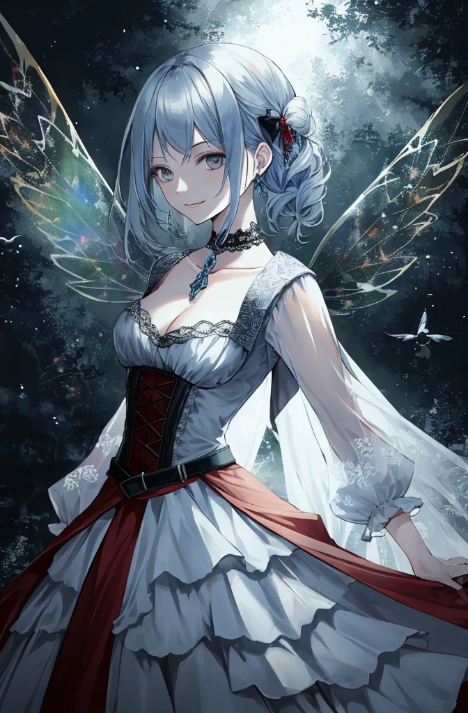 ((best quality)), ((masterpiece)), (detailed), 1girl, Character design, female, dynamic poses, long blue hair, grey white eyes, very skinny, detailed, best quality, no accesoires around the neck, prominent collarbones, skinny arms, upper body, blank white background, plain background, white background, ((red and white clothing)), Bloodborne inspired, occult aesthetic, occult, detailed and intricate steampunk and detailed gothic, Very dramatic and cinematic lighting, cosmic horror, grim-dark, side-lighting, perfect face, Fluttering lace flared long knee length dress with frilly petticoats, knee length dress, pleated petticoats, petticoats gothic, complex lace boots, side-lighting, gothic aesthetic, wielding a mighty sword with mechanical components, mandalas, small breasts, a fairy, various different types of insect wings,upper body, upper body, white holy clothes,white holy clothes,((evil smile)),blue hair,