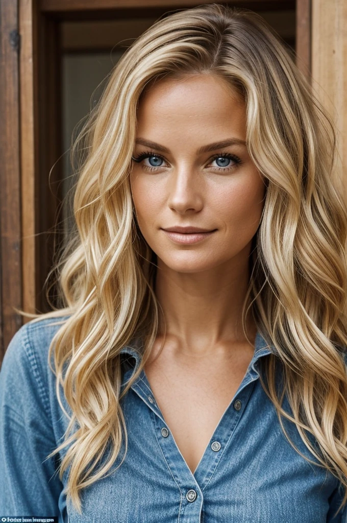 The woman in the photo appears to be in her thirties and of dutch descent. She has a light complexion with a healthy glow and subtle makeup, especially around the eyes. Her hair is long and blonde with wavy locks, has volume at the top and sides, and is parted in the middle.