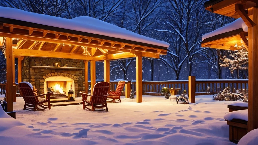 snowy covered porch with chairs and a fire place in the middle, cozy setting, winter setting, cozy place, cozy and peaceful atmosphere, snowfall at night, cozy wallpaper, cozy home background, outside in snow snowing, snowy night, cozy atmospheric, atmospheric cold lighting, cozy environment, winter night, cozy and calm, warm beautiful scene, cozy atmosphere, pleasant cozy atmosphere