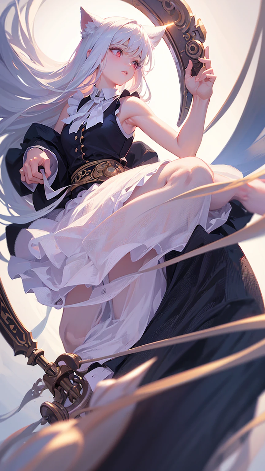 Tsundere 18 year old girl, beautiful and delicate eyes, beautiful lips, Highly detailed eyes and face, long eyelashes, 1girl, white cat ears,foot long bag, Front view, red eyes, (best quality, 4K, 8K, high resolution, masterpiece:1.2), Ultra-detailed, (realistic, realistic, realistic, realistic: 1.37), big bust, Scythe, elegant, fantasy, soft lighting, white background,holding a weapon, maid uniform, Showing armpits,