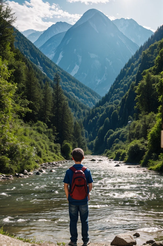A natural view, a boy standing beside a river and mountains 