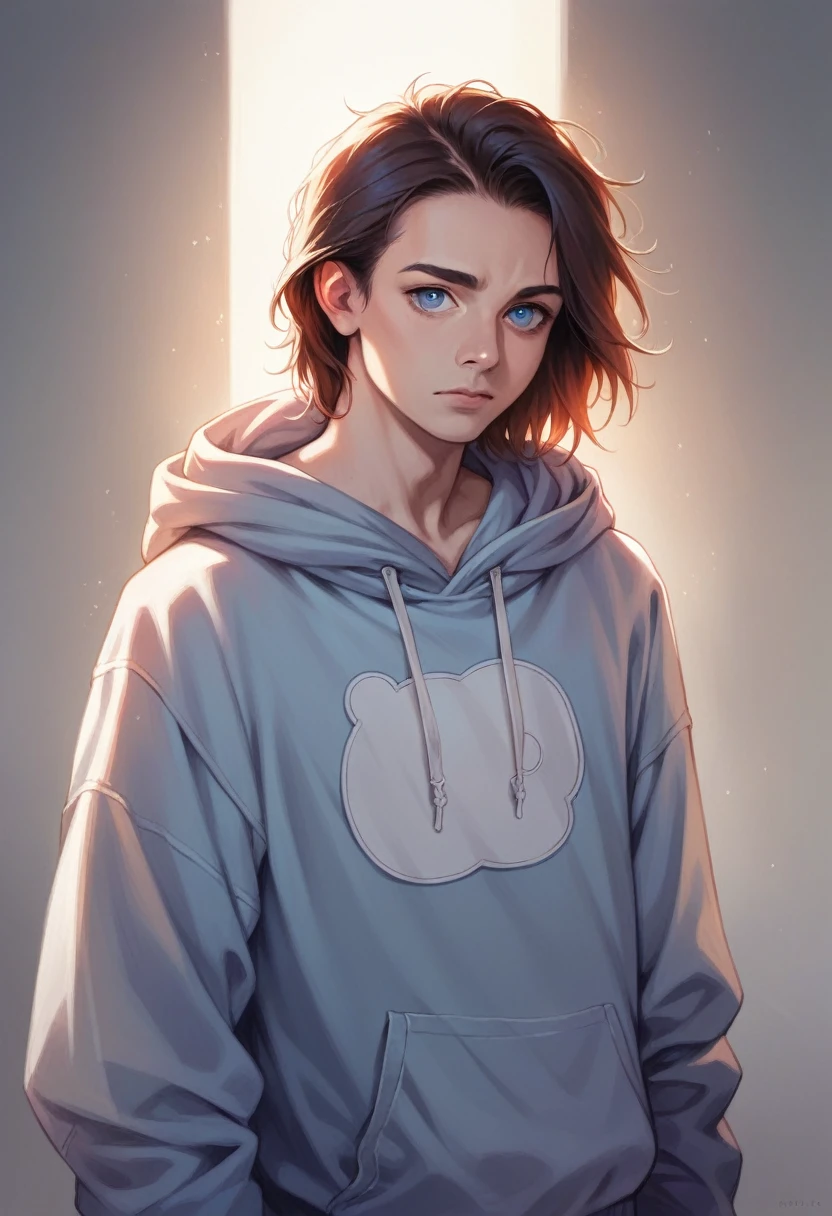a young man with beautiful detailed blue eyes, medium-length blond hair, thin frame, medium height, wearing an oversized hoodie and trackpants, high quality 8k photorealistic portrait, soft lighting, extremely detailed, realistic, cinematic, warm color tones