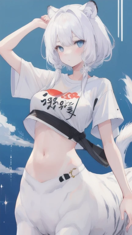 (best quality, masterpiece), 1 girl, centaur, It takes, White skin, Korean   , exposing the abdomen,belly button t-shirt, 아름다운 소녀 perfect white tiger photo, perfect white tiger photo