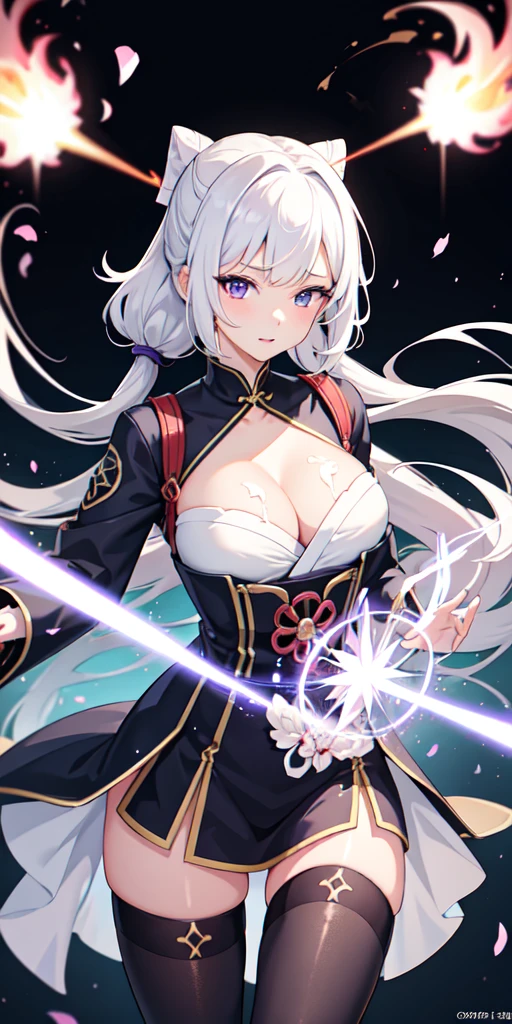 1 girl, japanese clothes, pony tail ,white hair, purple eyes, Magic Circle, Blue fire, blue flames, backdrop, landscape, gore, gore splatter, depth of field, natta, light particles, light rays, sidelighting, Shanks, destiny \(series\), Genshin Influence, ****, open jacket, Rock, Socks, Wolke masterpiece, best quality, ultra-detailed, illustration, (1girl), beautiful detailed eyes, looking at viewer, big , cum on cleavage, thighhighs, wide hips, large breasts, cum on cleavage, cum on breasts, cum on body,