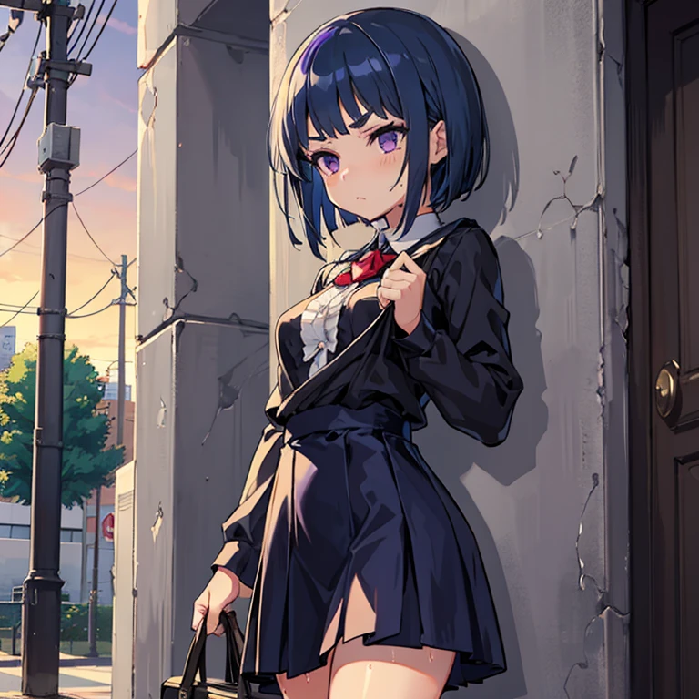 Young girl with blue hair,short straight hair and short bangs (purple eyes),, ((small bushy eyebrows)), wearing gothic ta clothing, loli, medium large breast, breasts out of blouse, walking to school, bored look, bored face, , lifting her skirt to show her vagina wet with semen, having sex