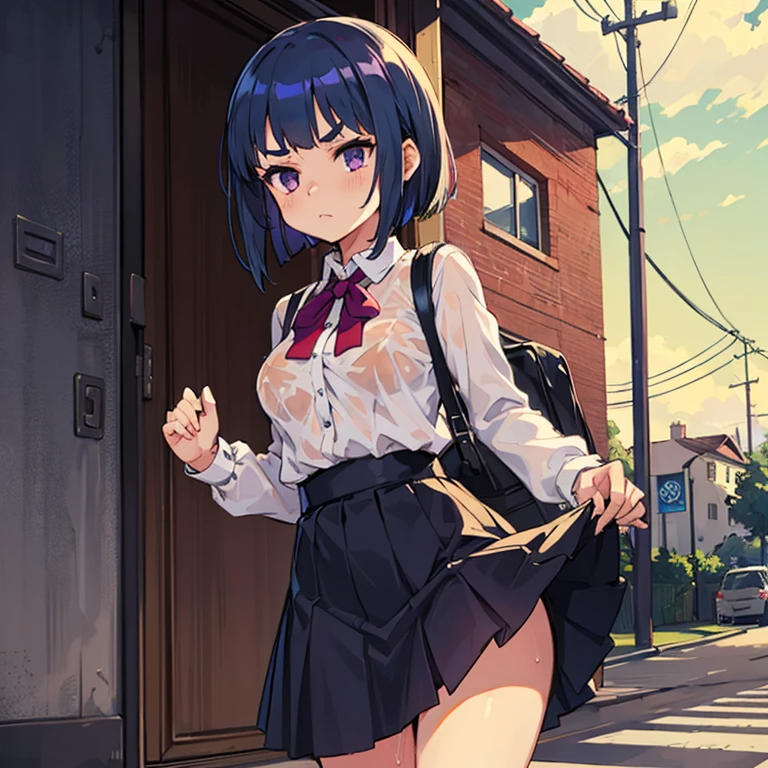 Young girl with blue hair,short straight hair and short bangs (purple eyes),, ((small bushy eyebrows)), wearing gothic ta clothing, loli, medium large breast, breasts out of blouse, walking to school, bored look, bored face, , lifting her skirt to show her vagina wet with semen, having sex