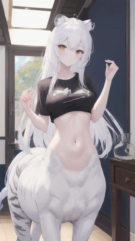 (best quality, masterpiece), 1 girl, centaur, It takes, White skin, Korean , exposing the abdomen,belly button t-shirt, 아름다운 소녀 perfect white tiger photo, perfect white tiger photo