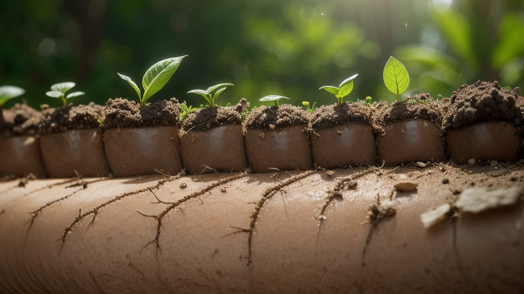 "Seed Sprouting": Time-lapse sequence of a seed sprouting, showing roots emerging and first leaves unfurling, earthy background, soft natural lighting, high detail macro photography