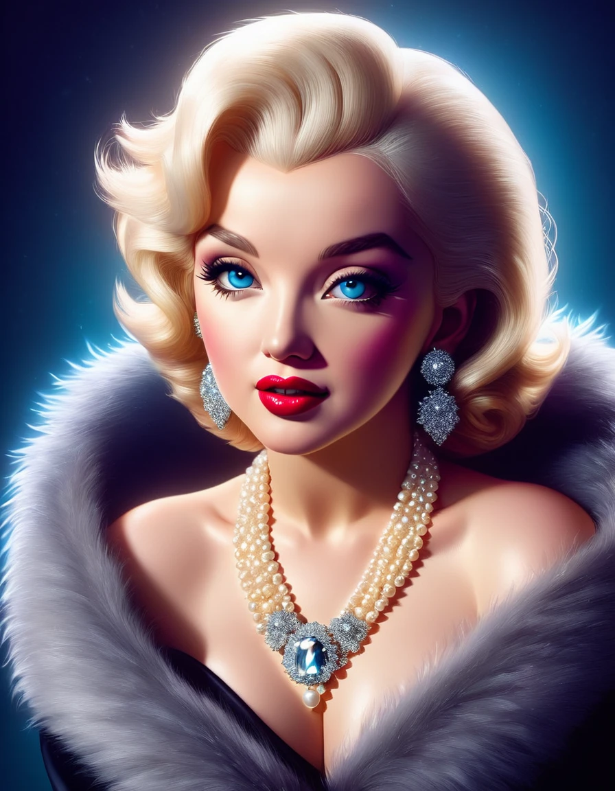 A photorealistic rendering of Marilyn Monroe in a glamorous pose, wearing a fur stole and pearl necklace, exuding classic Hollywood elegance. Hyper-realistic, vibrant colors, 16k