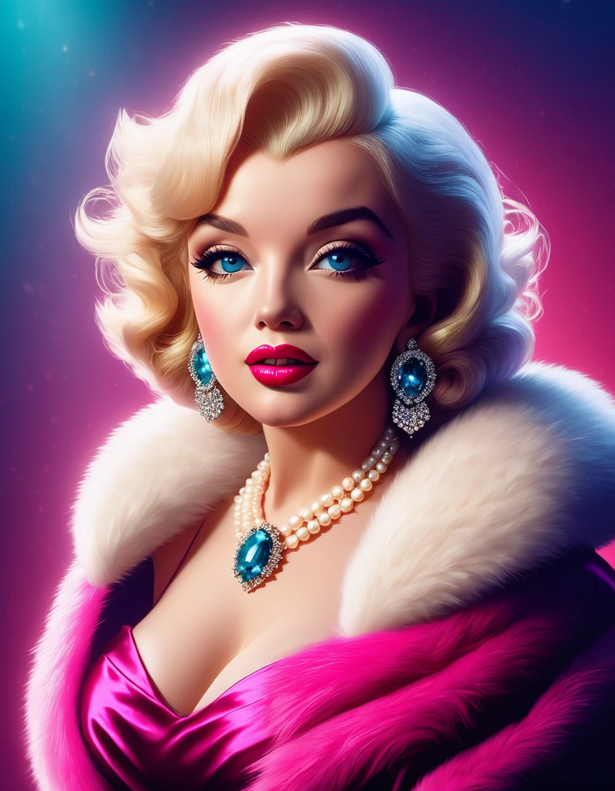 A photorealistic rendering of Marilyn Monroe in a glamorous pose, wearing a fur stole and pearl necklace, exuding classic Hollywood elegance. Hyper-realistic, vibrant colors, 16k