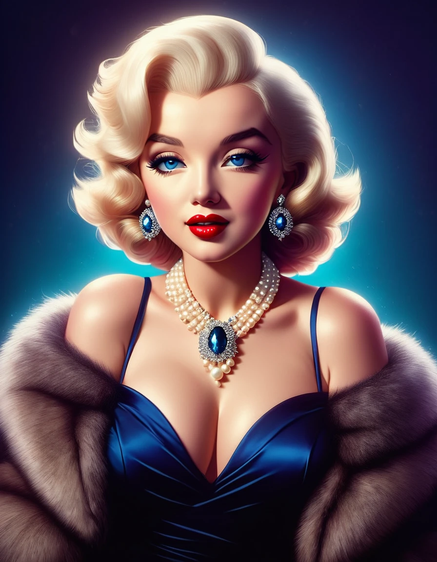 A photorealistic rendering of Marilyn Monroe in a glamorous pose, wearing a fur stole and pearl necklace, exuding classic Hollywood elegance. Hyper-realistic, vibrant colors, 16k
