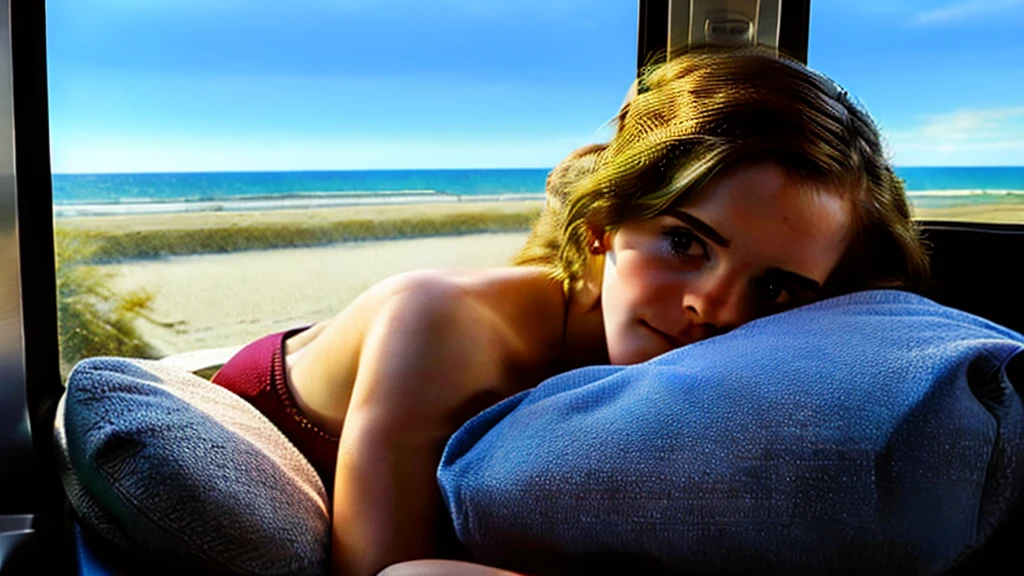 Emma Watson sleeping on a private room sleeper bed in a train with window, the window have a view of the morning sunlight and beach